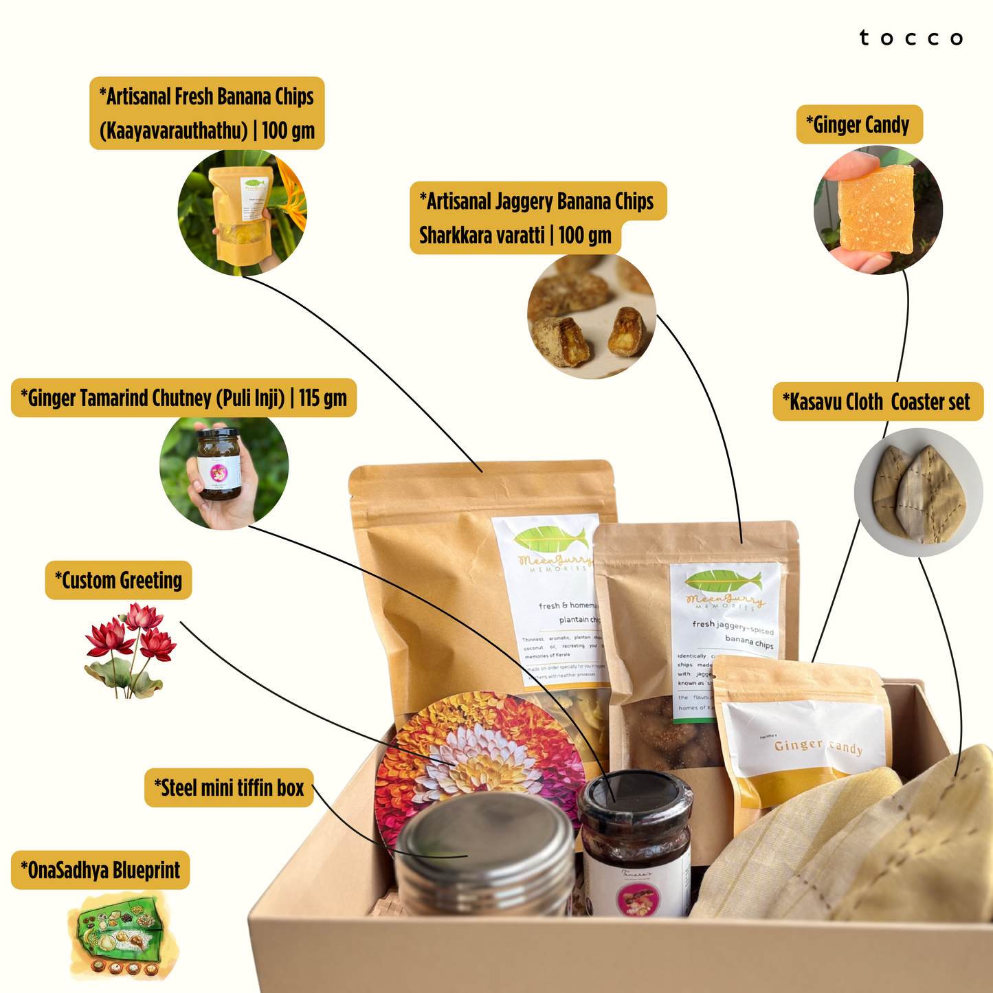 Traditional and elegant festive Onam gift hamper on tocco. Indian festive gift hampers. sustainable gifting